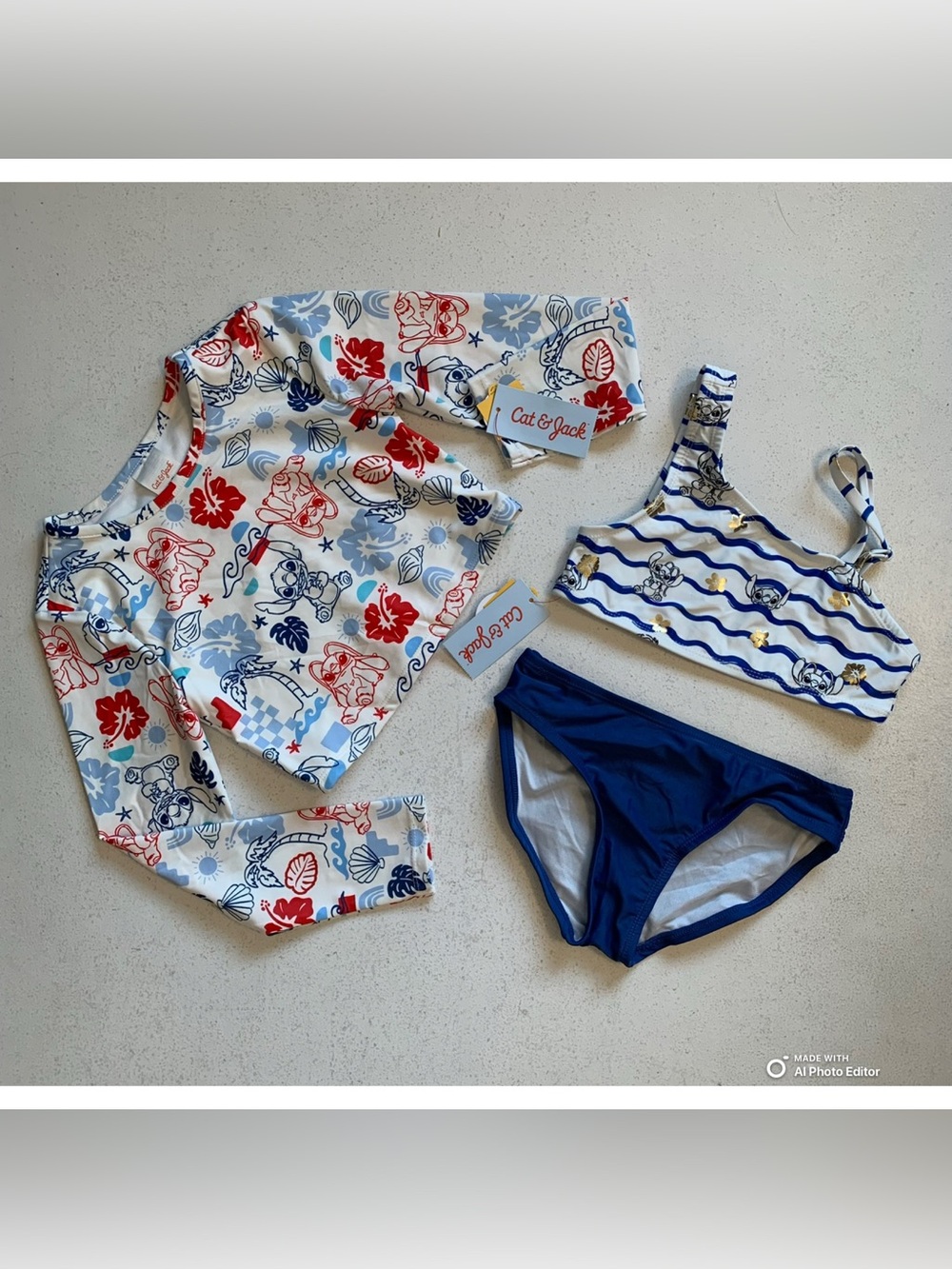 Cat & Jack Disney Stitch 3-Piece Bikini Swimsuit Size Medium NWT Beach